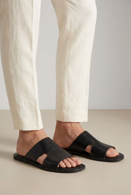 Casual Leather Slippers - Black (life)