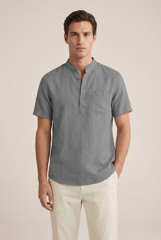 Elegant Linen Henley Shirt - Grey