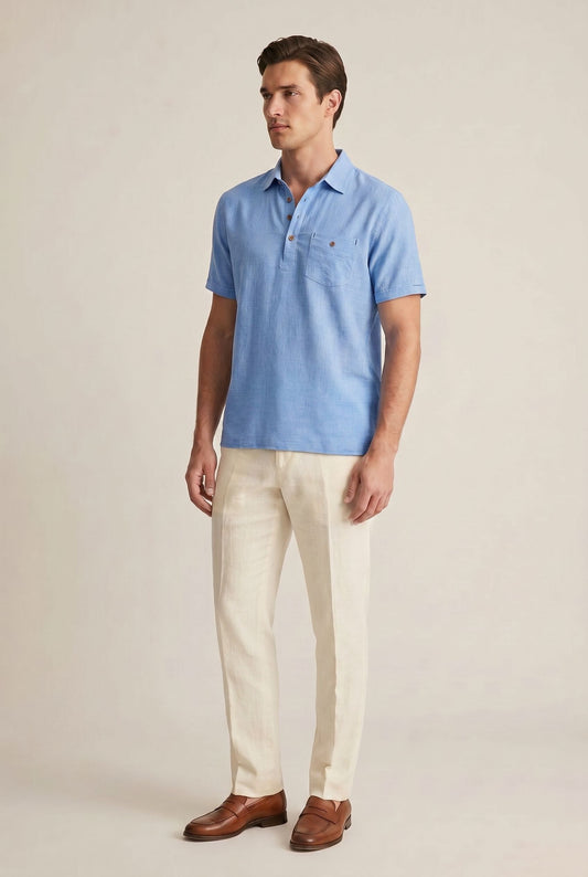 Linen Polo Shirt - Light Blue