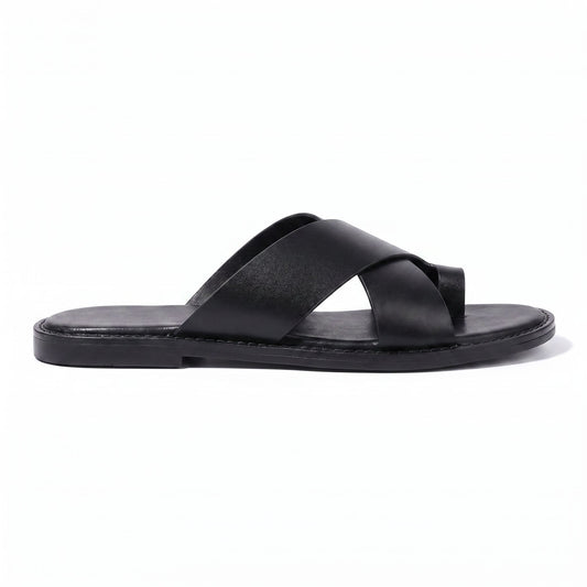 Elegant Leather Cross Strap Sandals - Black (clean)