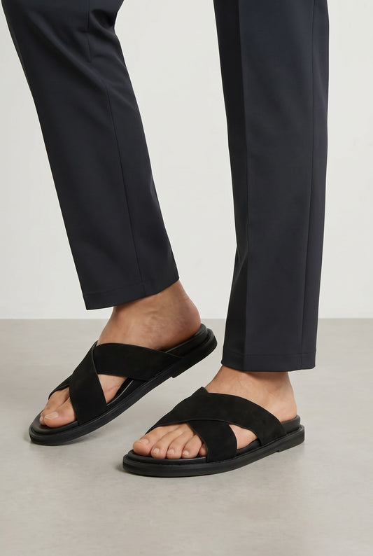 Elegant Leather Cross Strap Sandals - Black (life)