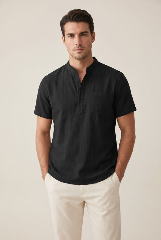 Elegant Linen Henley Shirt - Black