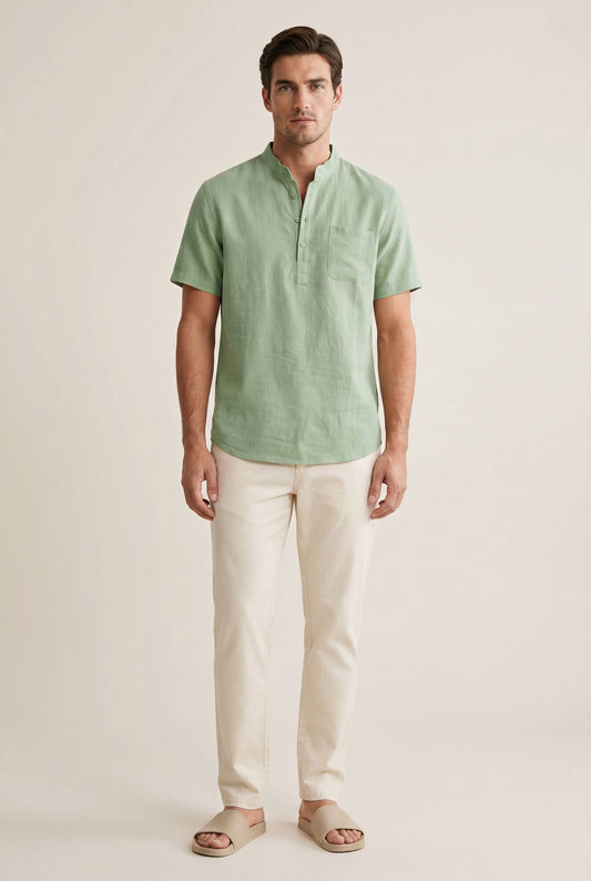 Elegant Linen Henley Shirt - Green