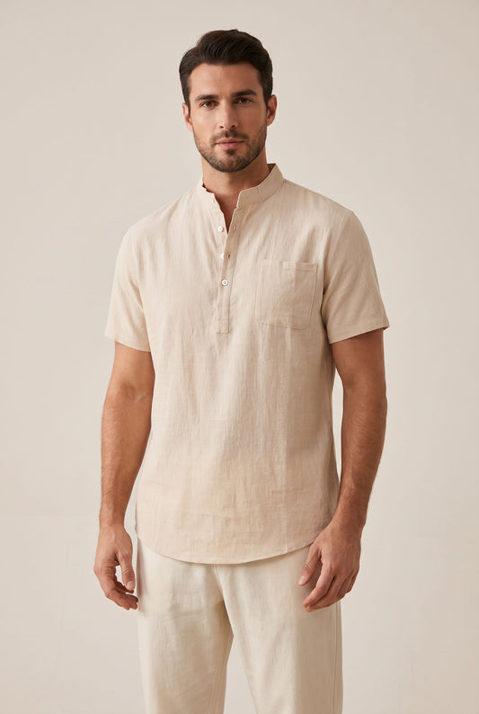 Elegant Linen Henley Shirt - Khaki