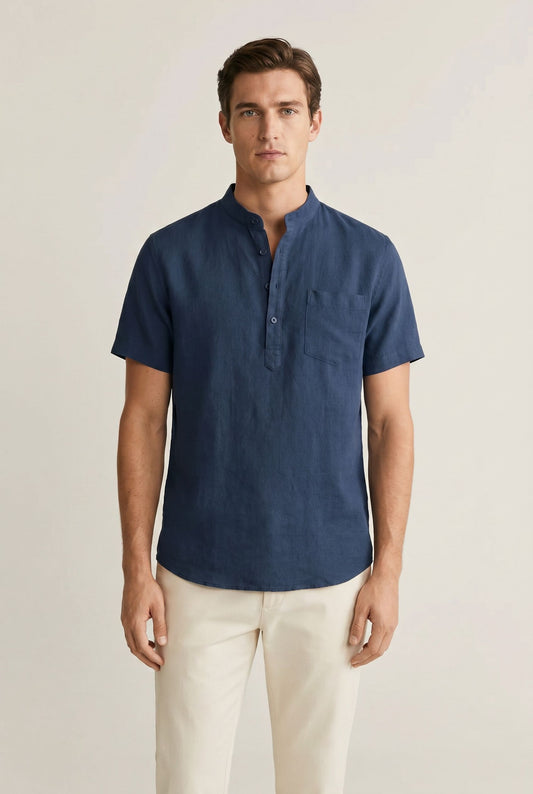 Elegant Linen Henley Shirt - Navy Blue